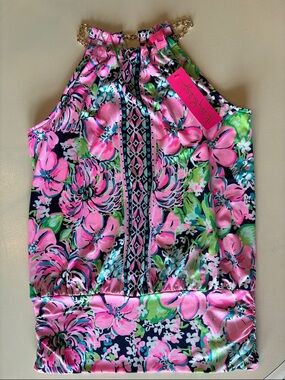 NEW Lilly Pulitzer Pink Floral Halter Tank with Gold Chain